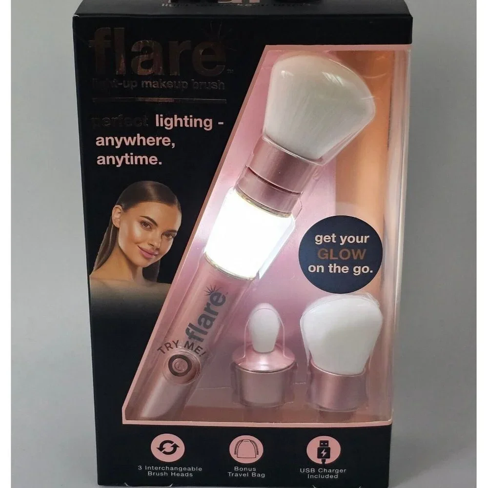 Flare Light Up Makeup Brush Rechargeable Heads Rose Gold Travel Bag USB Charger